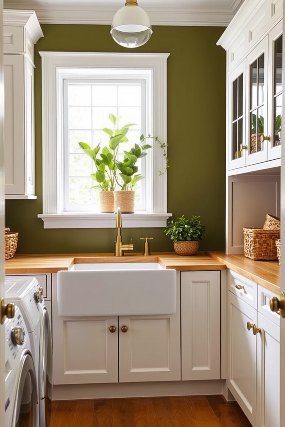 Chic olive green laundry room decor. The walls are painted in a soft olive green, complemented by white cabinetry and sleek brass hardware. A large farmhouse sink sits beneath a window, with a stylish countertop made of light wood. Decorative baskets and potted plants are arranged on open shelves, adding warmth and character to the space.