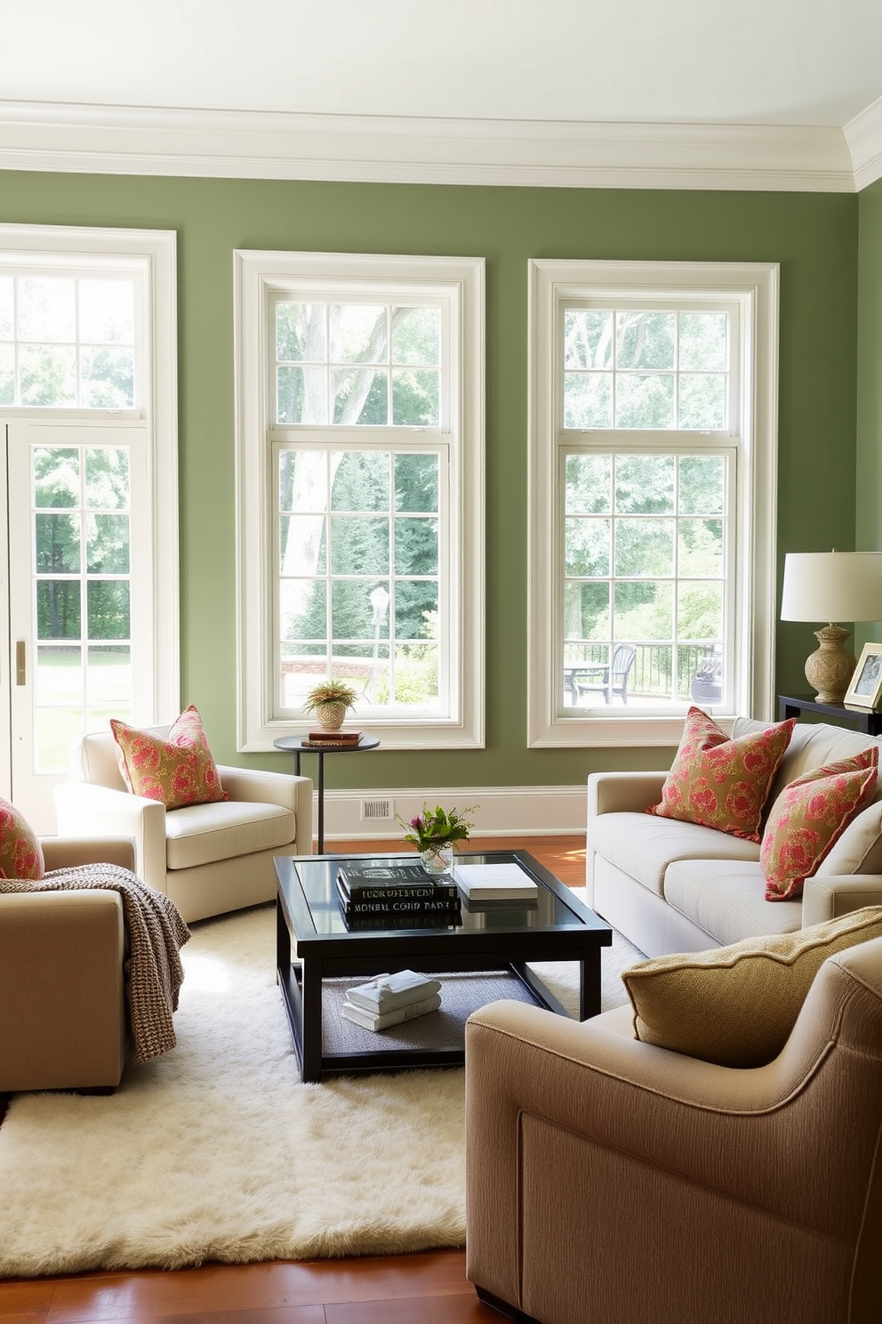 A serene green living room with sage green walls and crisp white trim creates an inviting atmosphere. Plush furniture in neutral tones complements the space, while large windows allow natural light to flood in. Decorative elements like a soft area rug and vibrant throw pillows add texture and warmth. A stylish coffee table sits in the center, adorned with books and a small plant for a touch of nature.