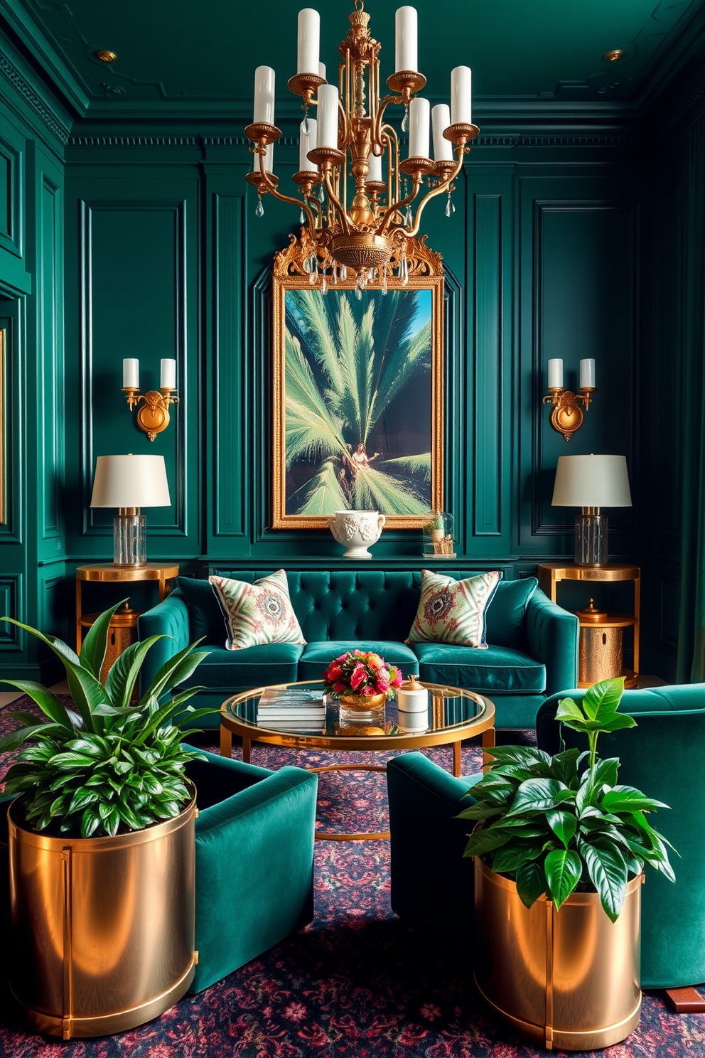 A luxurious living room adorned with green and gold decor. The walls are painted a rich emerald green, complemented by gold accents in the light fixtures and decorative accessories. A plush emerald velvet sofa is positioned at the center, paired with gold-finished side tables. Lush greenery in stylish planters adds a vibrant touch to the elegant ambiance.