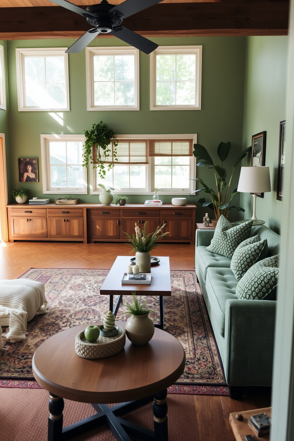 A cozy green living room filled with natural light. The space features a plush sofa adorned with textured green cushions that invite relaxation and comfort. Incorporate a combination of wooden furniture and soft textiles to create a warm atmosphere. A stylish coffee table sits in the center, surrounded by a mix of greenery and decorative accents.