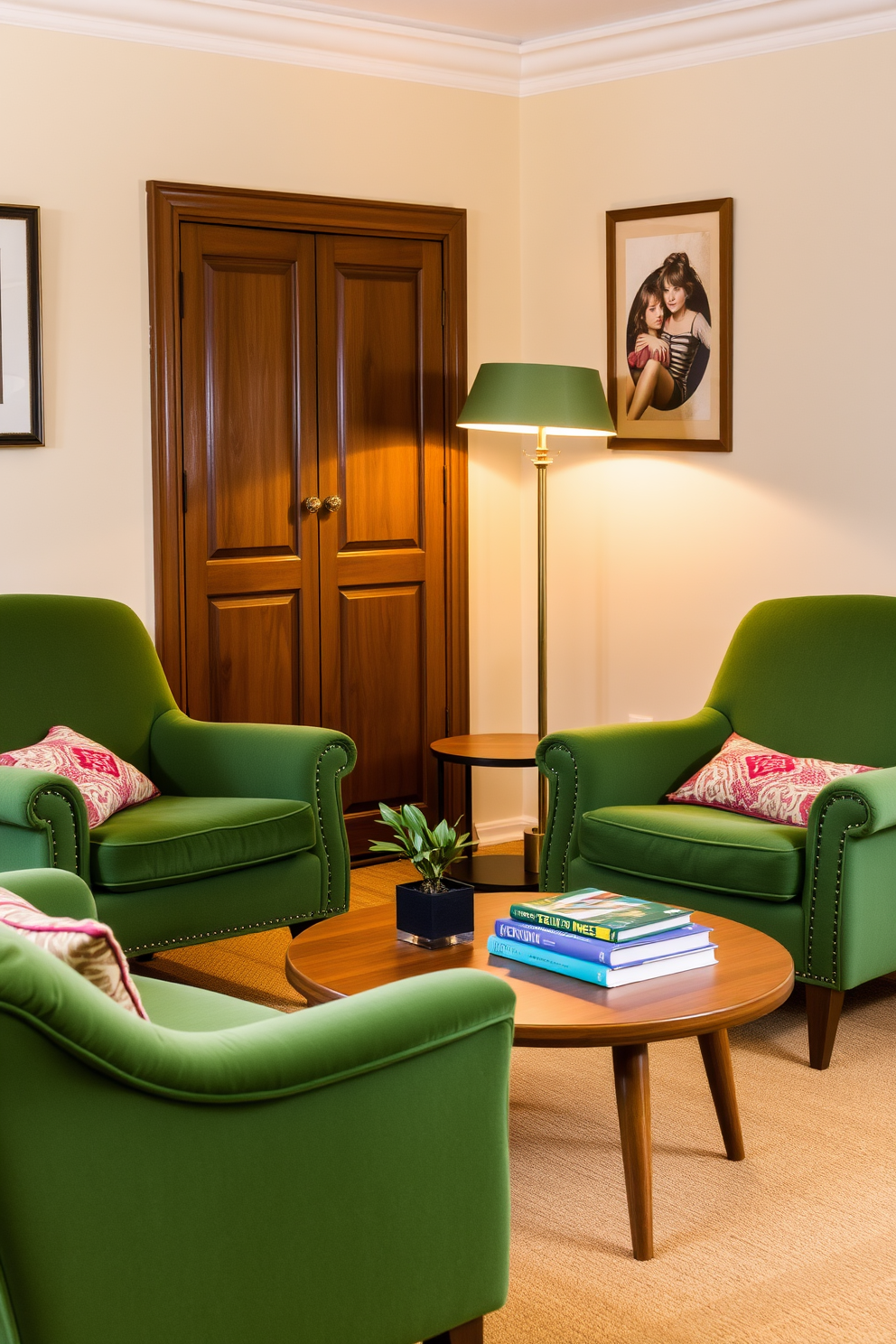 A cozy green living room featuring vintage armchairs that exude a retro vibe. The walls are painted in a soft cream color, complementing the rich green upholstery of the armchairs. A round wooden coffee table sits in the center, adorned with a stack of colorful books and a small potted plant. The room is illuminated by a stylish floor lamp with a brass finish, creating a warm and inviting atmosphere.