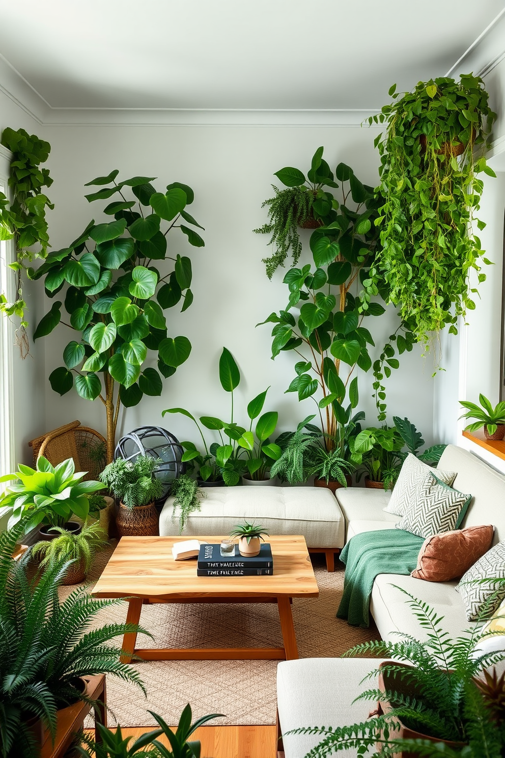 A vibrant green living room filled with a variety of plants at different heights creating a lush atmosphere. The walls are painted in a soft white tone to enhance the greenery, and a comfortable sectional sofa in a light fabric complements the space. In one corner, a tall fiddle leaf fig tree reaches towards the ceiling while lower plants like succulents and ferns add depth. A natural wood coffee table sits in the center, adorned with a few decorative books and a small potted plant for added charm.