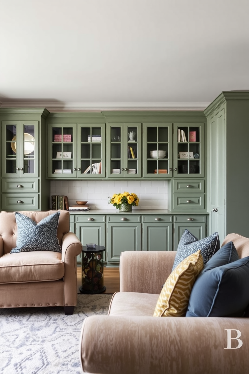 A living room featuring cabinetry painted in a subtle green shade. The space is adorned with plush seating and accent pillows that complement the green tones.