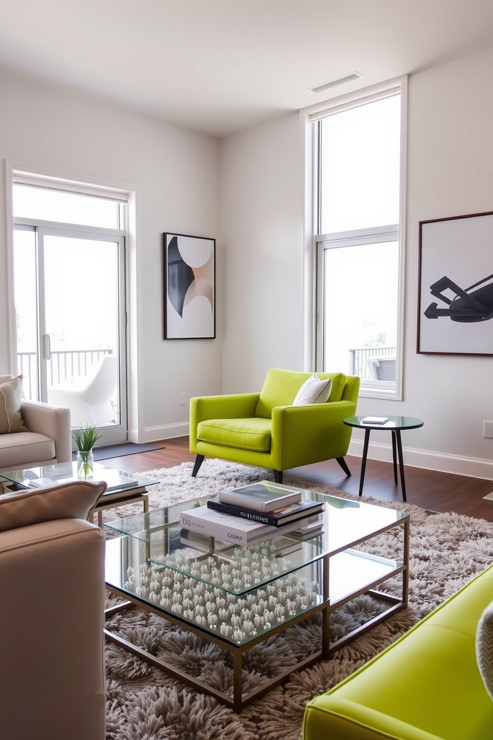 A bold lime green statement chair is positioned prominently in a stylish living room. Surrounding the chair are soft neutral tones, with a plush area rug and contemporary artwork adorning the walls. Large windows allow natural light to flood the space, enhancing the vibrant color of the chair. Complementing the chair, a sleek coffee table made of glass and metal sits nearby, creating a modern and inviting atmosphere.