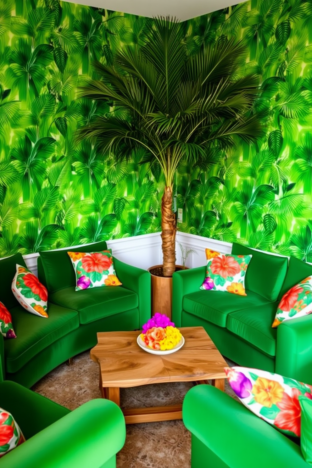 A vibrant green living room filled with tropical prints. The walls are adorned with large leafy wallpaper, and plush green sofas are arranged around a natural wood coffee table. Bright throw pillows with exotic floral patterns add a pop of color. A large potted palm tree stands in one corner, complementing the lush atmosphere of the space.