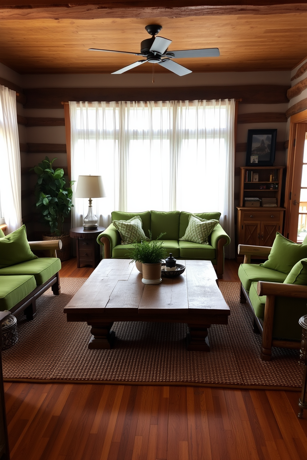 A cozy living room featuring rustic wood furniture complemented by vibrant green accents. The space includes a large reclaimed wood coffee table surrounded by plush green upholstered chairs, creating an inviting atmosphere. Natural light filters through large windows adorned with sheer white curtains, illuminating the warm wood tones. A textured area rug in earthy tones anchors the seating area, enhancing the rustic charm.