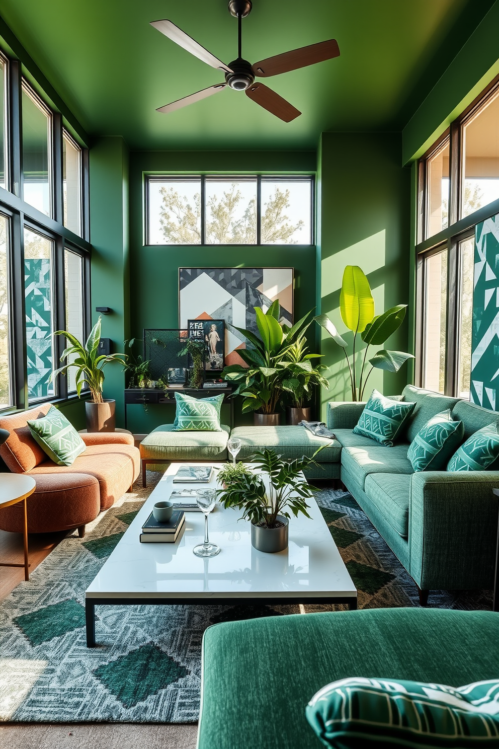 A modern green living room features geometric patterns on the textiles, creating a vibrant yet harmonious atmosphere. The furniture is arranged to promote conversation, with a plush sectional sofa adorned with patterned cushions and a sleek coffee table at the center. Natural light floods the space through large windows, highlighting the rich green tones in the decor. A mix of indoor plants adds a refreshing touch, complementing the geometric elements throughout the room.