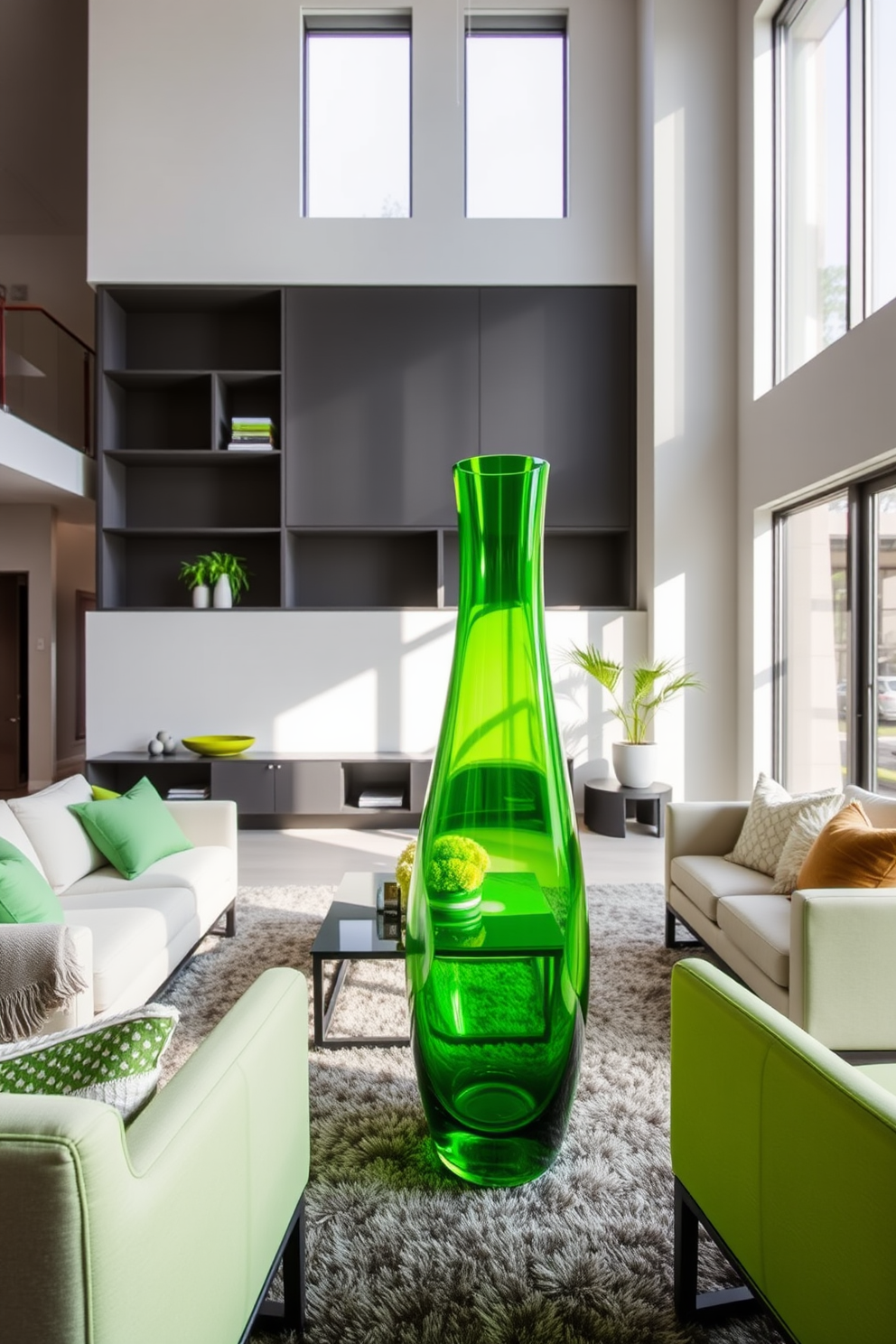 A modern living room featuring a sleek green glass vase as a focal point. The space is filled with comfortable furniture, including a plush sofa and stylish armchairs, complemented by natural light streaming through large windows. The walls are painted in a soft neutral tone, creating a serene backdrop for the vibrant green accents. A cozy area rug anchors the seating arrangement, while decorative pillows and throws add a pop of color and texture.