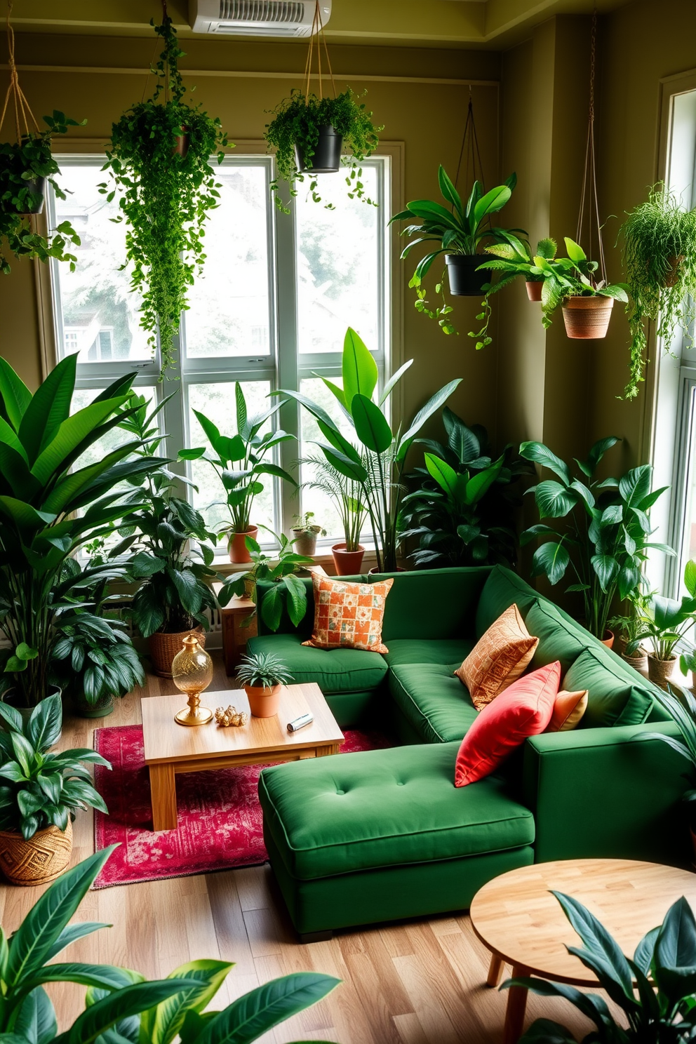 A spacious green living room filled with lush indoor plants that create vibrant accents throughout the space. Large potted plants are strategically placed near the windows, and hanging planters add a touch of greenery from the ceiling. The walls are painted in a soft earth tone to complement the vibrant foliage. A comfortable sectional sofa in a deep green fabric is paired with a natural wood coffee table and colorful throw pillows.