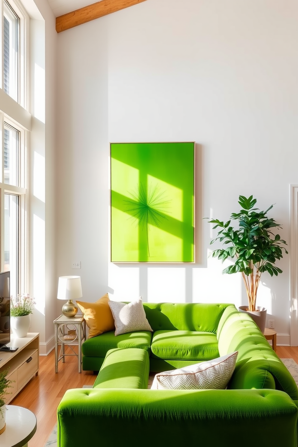 A bright green artwork piece hangs prominently on the wall, adding a vibrant focal point to the room. The artwork's lively colors complement the plush green sofa, creating an inviting and energizing atmosphere. Natural light floods the space through large windows, enhancing the fresh and uplifting vibe. Accents of white and light wood in the furniture and decor balance the boldness of the green, creating a harmonious living environment.