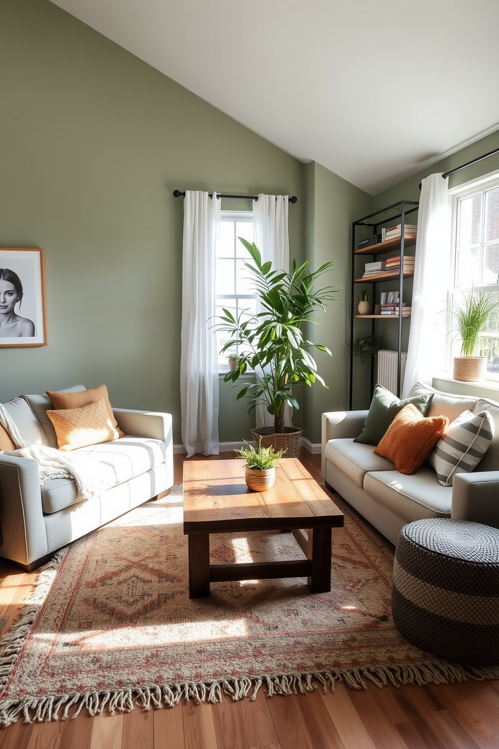 A serene living room with muted sage green walls that create a calming atmosphere. The space features a plush sectional sofa adorned with soft throw pillows and a cozy knitted blanket. Natural light floods the room through large windows dressed with sheer white curtains. A rustic wooden coffee table sits at the center, surrounded by a mix of textured area rugs. In one corner, a tall indoor plant adds a touch of freshness and vibrancy. The decor includes minimalist artwork and decorative shelves filled with books and plants for an inviting feel.