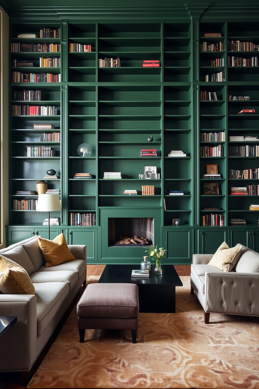 A dramatic green living room features deep green bookshelves that reach from floor to ceiling, creating a striking focal point. Plush seating in neutral tones complements the vibrant shelves, while a large area rug adds warmth to the space.