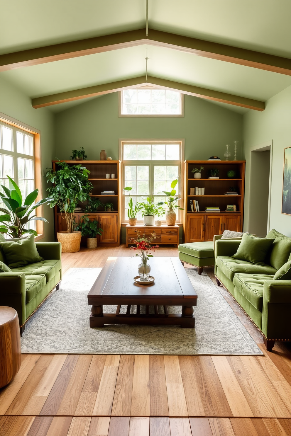 A serene green living room filled with natural wood elements. The walls are painted in a soft sage hue, complemented by a large wooden coffee table and a set of rustic bookshelves. Plush green sofas are arranged around the coffee table, creating an inviting seating area. Floor-to-ceiling windows allow natural light to flood the space, showcasing indoor plants that enhance the tranquil atmosphere.