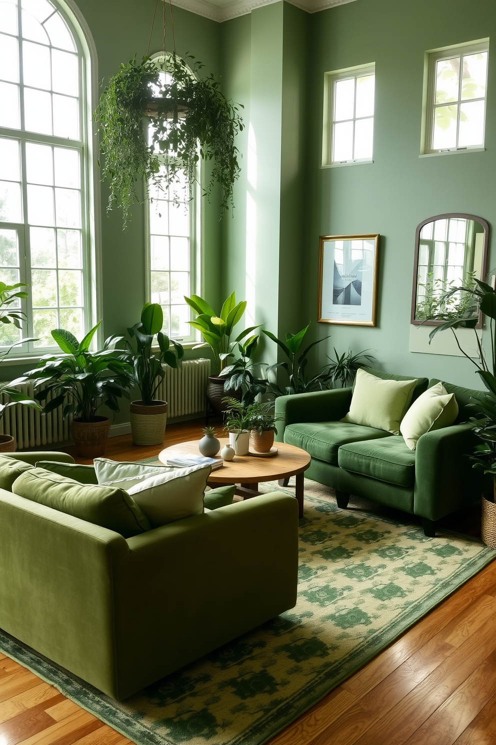 A serene green living room filled with various shades of green creating a harmonious atmosphere. The walls are painted in a soft sage green while the furniture features deeper forest green upholstery, complemented by light green accent pillows. Large windows allow natural light to flood the space, highlighting the lush indoor plants placed strategically around the room. A cozy area rug in a muted green pattern anchors the seating arrangement, enhancing the inviting feel of the room.