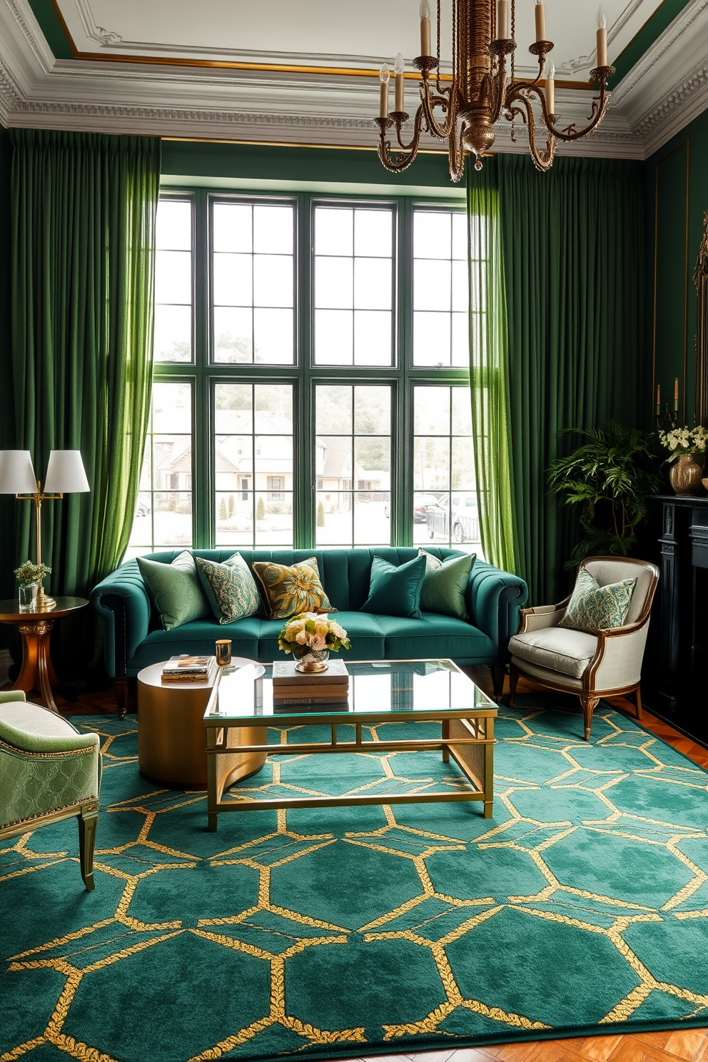 A luxurious art deco living room featuring rich green elements. The space is adorned with a plush emerald green velvet sofa and gold accents throughout the decor. A geometric patterned rug in shades of green and gold anchors the seating area. Large windows draped with flowing green curtains allow natural light to illuminate the room.