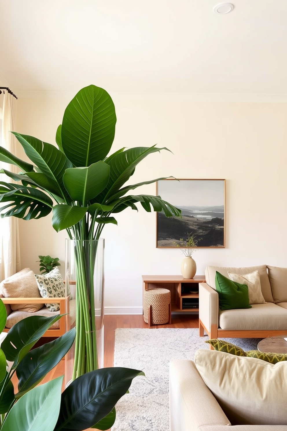 A vibrant green living room filled with tropical leaves in a large vase. The walls are painted in a soft cream color, and the furniture features a mix of natural wood and plush fabrics.