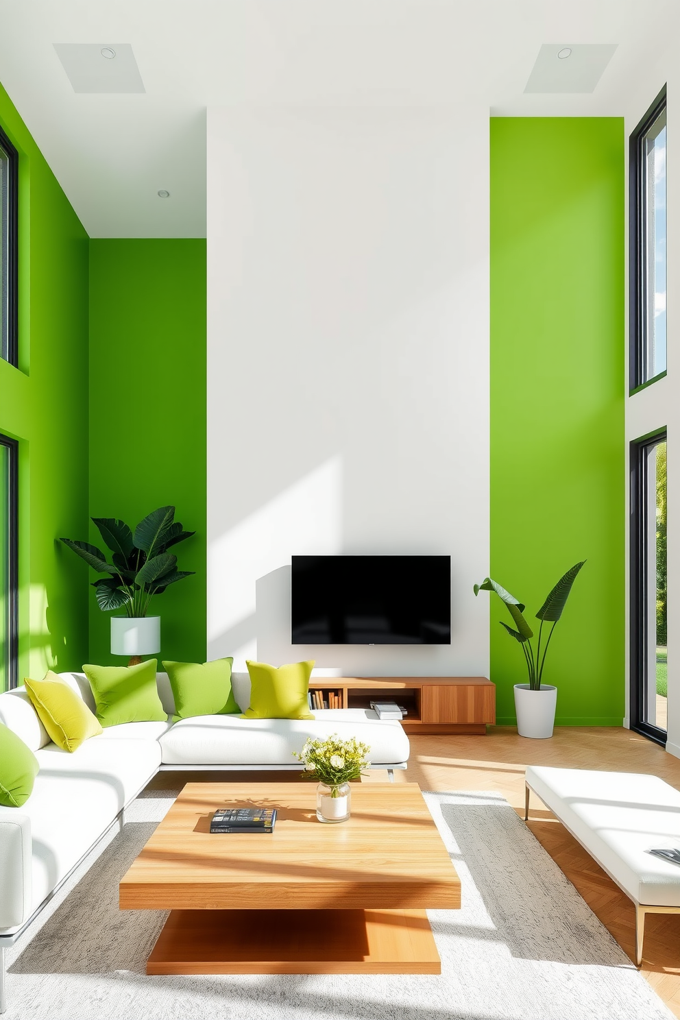 A stylish living room featuring a green and white color blocking technique. One wall is painted a vibrant green while the opposite wall is a crisp white, creating a fresh and modern atmosphere. The furniture includes a plush white sofa with green accent pillows and a sleek coffee table in natural wood. Large windows allow ample natural light to fill the space, enhancing the lively color scheme.