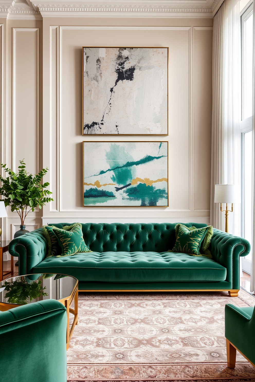 A luxurious living room featuring an emerald green velvet sofa as the centerpiece. The walls are adorned with soft cream tones, and a large abstract painting adds a pop of color above the sofa. Surrounding the sofa are elegant gold-accented side tables and a plush area rug with intricate patterns. Large windows allow natural light to flood in, complemented by sheer white curtains that softly frame the view.