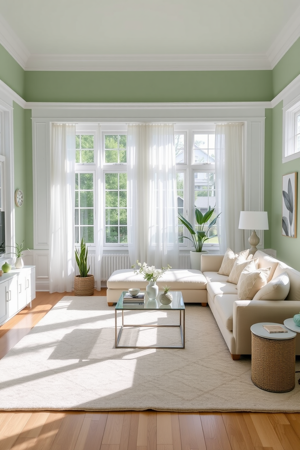 A bright and airy living room with crisp white trim contrasting beautifully against soft green walls. The space features a plush sectional sofa adorned with pastel cushions and a large area rug that adds warmth underfoot. Large windows allow natural light to flood the room, framed by sheer white curtains that gently sway with the breeze. A stylish coffee table sits at the center, surrounded by decorative plants and a few carefully selected art pieces on the walls.