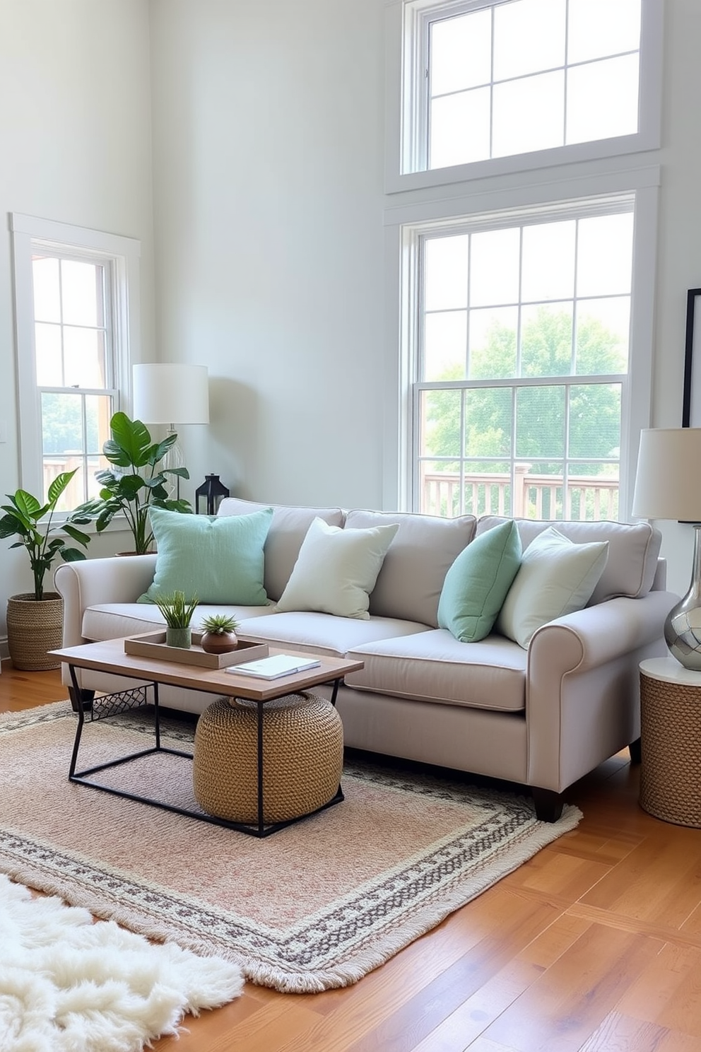 A cozy living room featuring a neutral couch adorned with mint green throw pillows. The space is bright and airy, with large windows allowing natural light to flood in, complemented by soft, textured rugs on a hardwood floor.