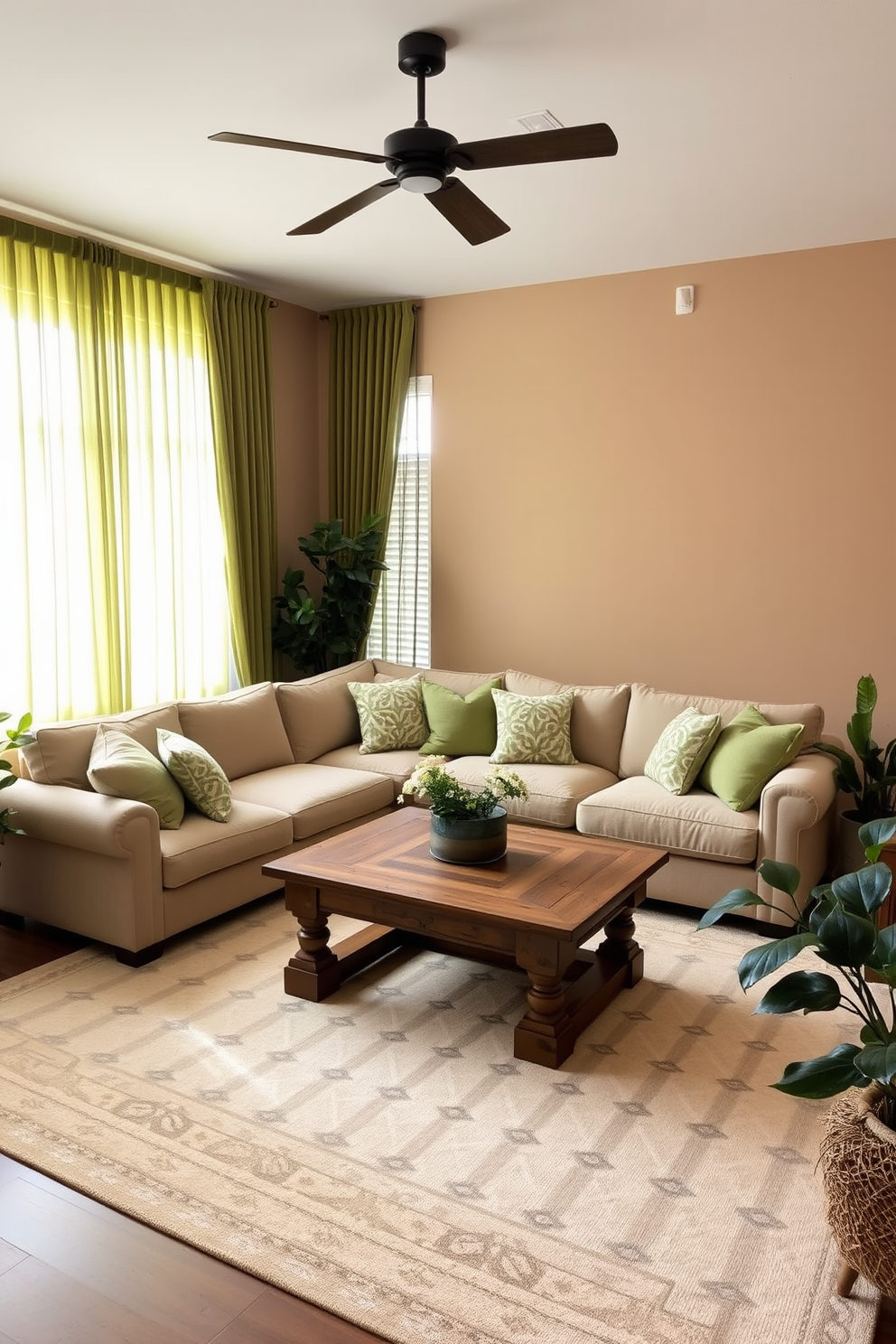 A cozy living room adorned with olive green curtains that gently filter soft light throughout the space. The walls are painted in a warm beige tone, complemented by a plush sectional sofa in a neutral fabric and a rustic wooden coffee table at the center. Decorative throw pillows in varying shades of green and cream add texture and comfort to the seating area. A large area rug with subtle geometric patterns anchors the room, while indoor plants bring a touch of nature to the design.