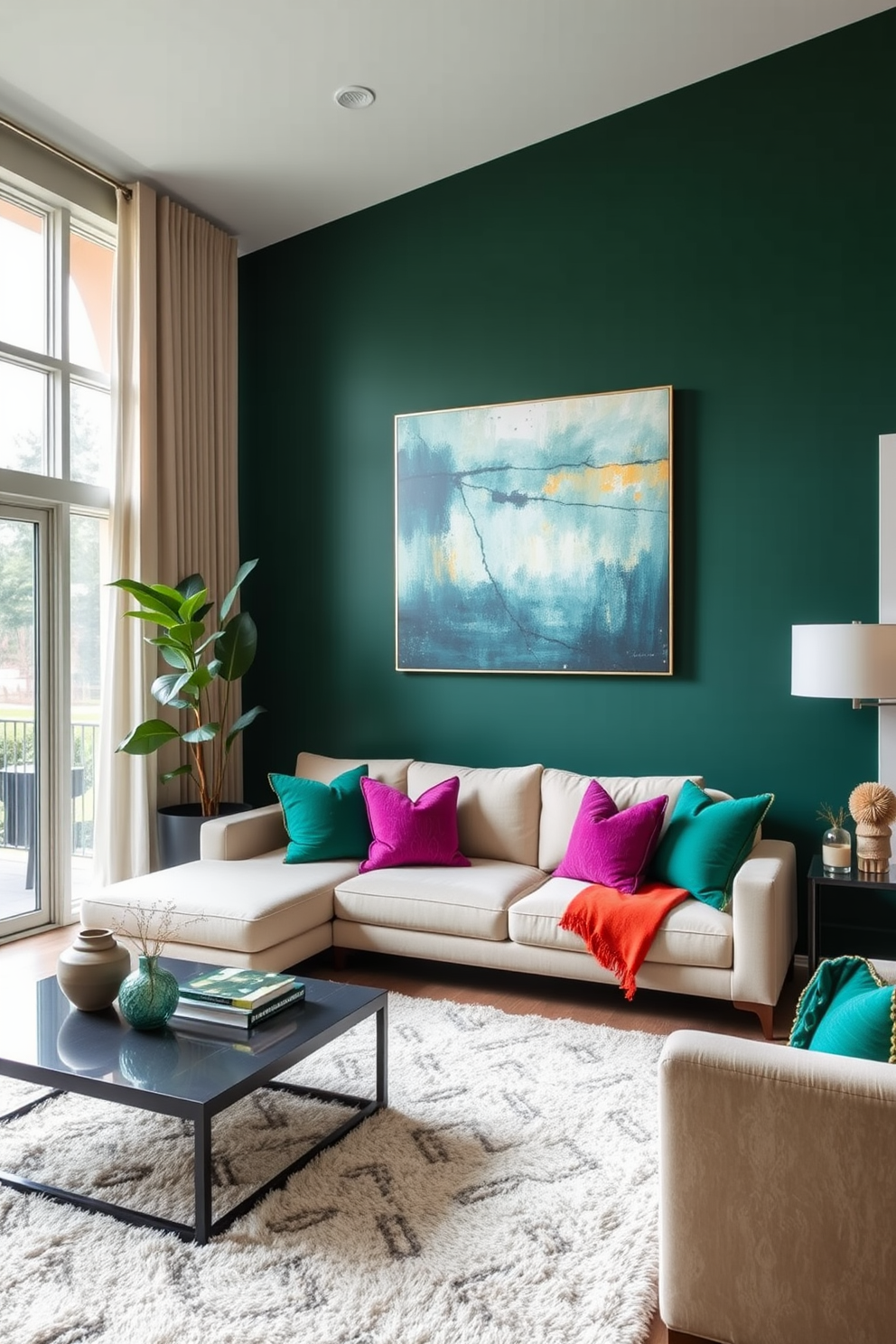 A forest green accent wall serves as a striking backdrop in a cozy living room. The space features a plush sectional sofa adorned with vibrant throw pillows that complement the rich green tones. A large piece of art hangs above the sofa, adding a focal point and personality to the room. Natural light floods in through large windows, highlighting a stylish coffee table and a soft area rug that ties the design together.