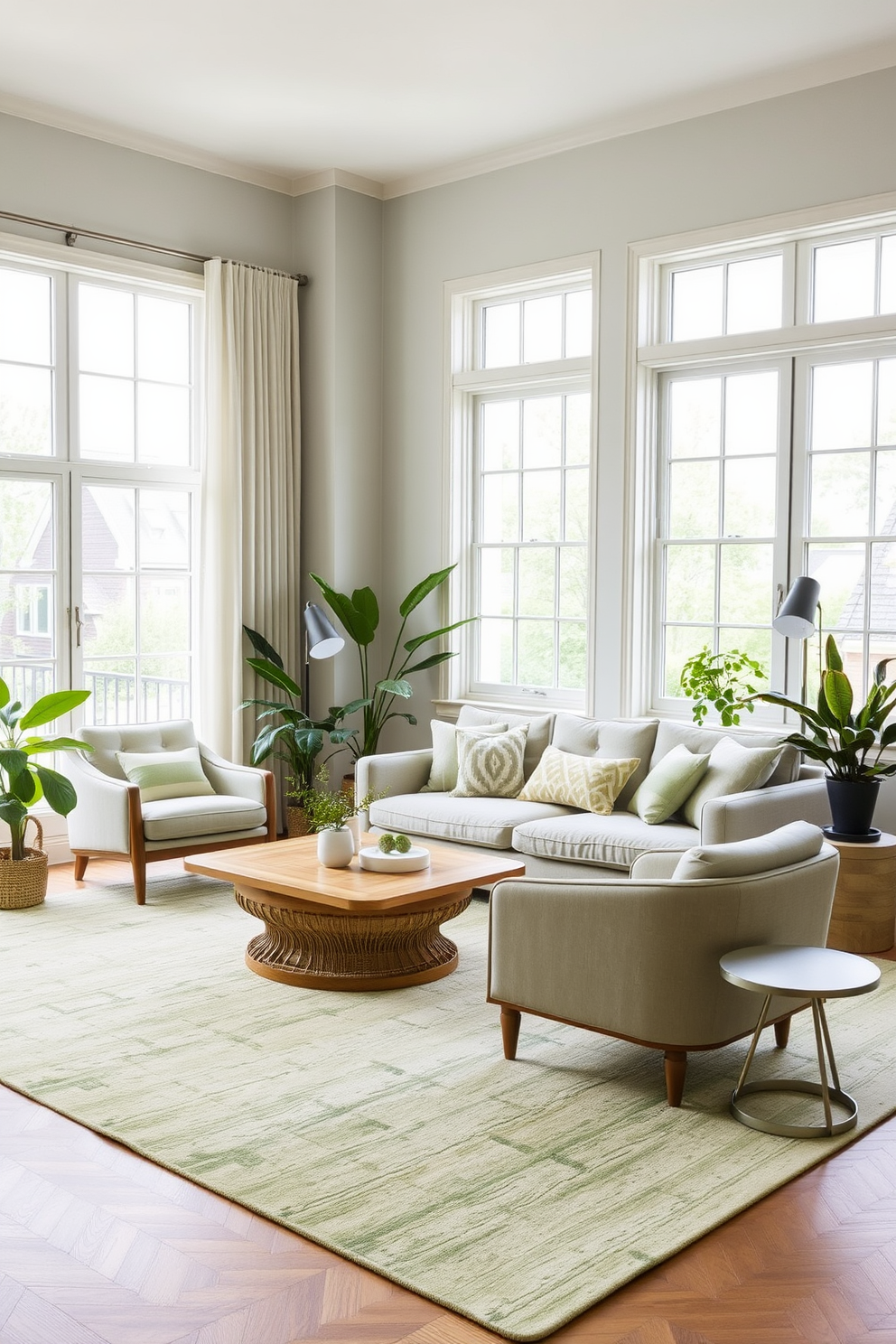 A light green area rug adds warmth and comfort to the space. The living room features a blend of natural textures with a cozy sofa and accent chairs in neutral tones. Large windows allow natural light to flood the room, highlighting the soft green hues. Houseplants are strategically placed to enhance the fresh and inviting atmosphere.