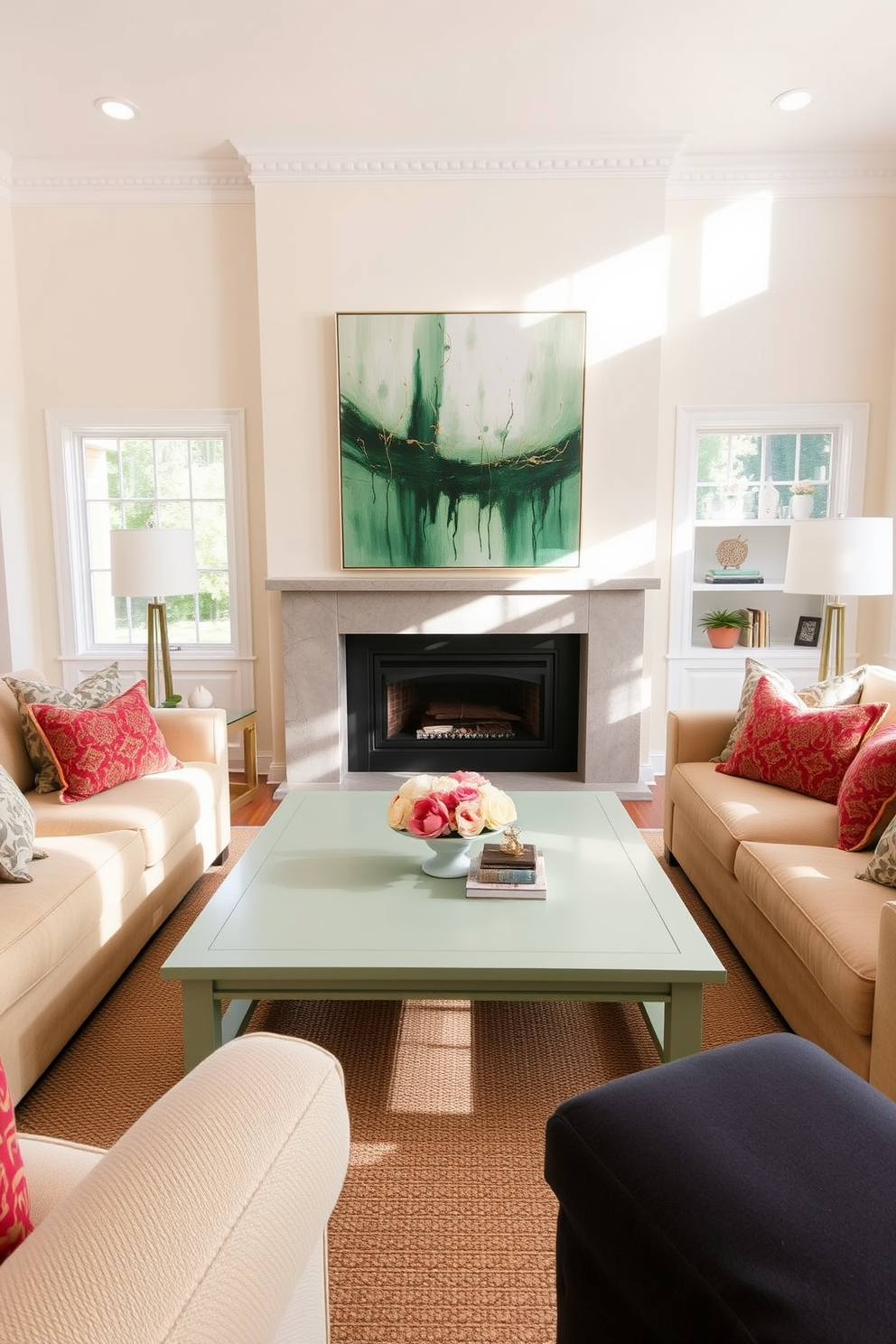 A pale green coffee table sits at the center of a cozy living room filled with natural light. Surrounding the table are plush beige sofas adorned with colorful throw pillows that add warmth to the space. The walls are painted in a soft cream hue, enhancing the airy feel of the room. A large abstract painting with hints of green and gold hangs above a modern fireplace, creating a focal point that ties the design together.