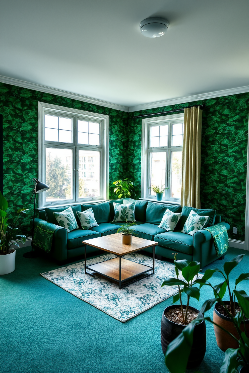 A serene green living room featuring nature-inspired wallpaper that showcases various shades of green. The space includes a plush sectional sofa adorned with botanical print cushions and a wooden coffee table with a natural finish. Large windows allow natural light to flood the room, enhancing the vibrant wallpaper. Potted plants are strategically placed around the room, adding a fresh and organic touch to the decor.