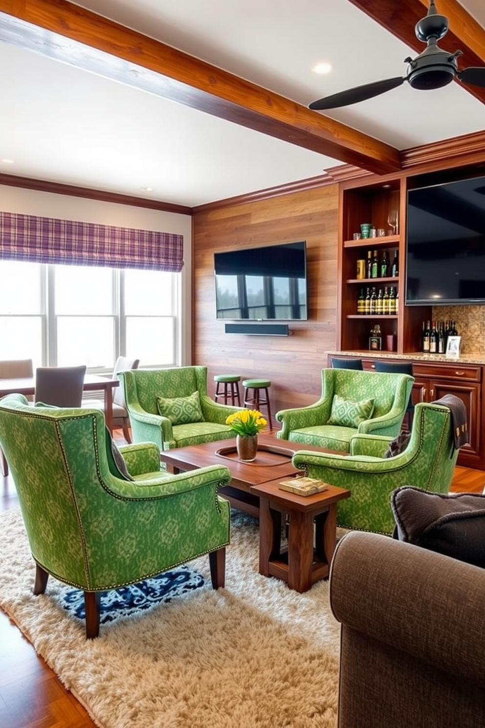Create a cozy and inviting space featuring green accent chairs adorned with unique patterns. The chairs are positioned around a rustic wooden coffee table, with a plush area rug underneath to add warmth. Design a stylish man cave that incorporates rich wood tones and comfortable seating. Include a large flat-screen TV mounted on the wall, surrounded by shelves filled with sports memorabilia and a mini bar for entertaining.