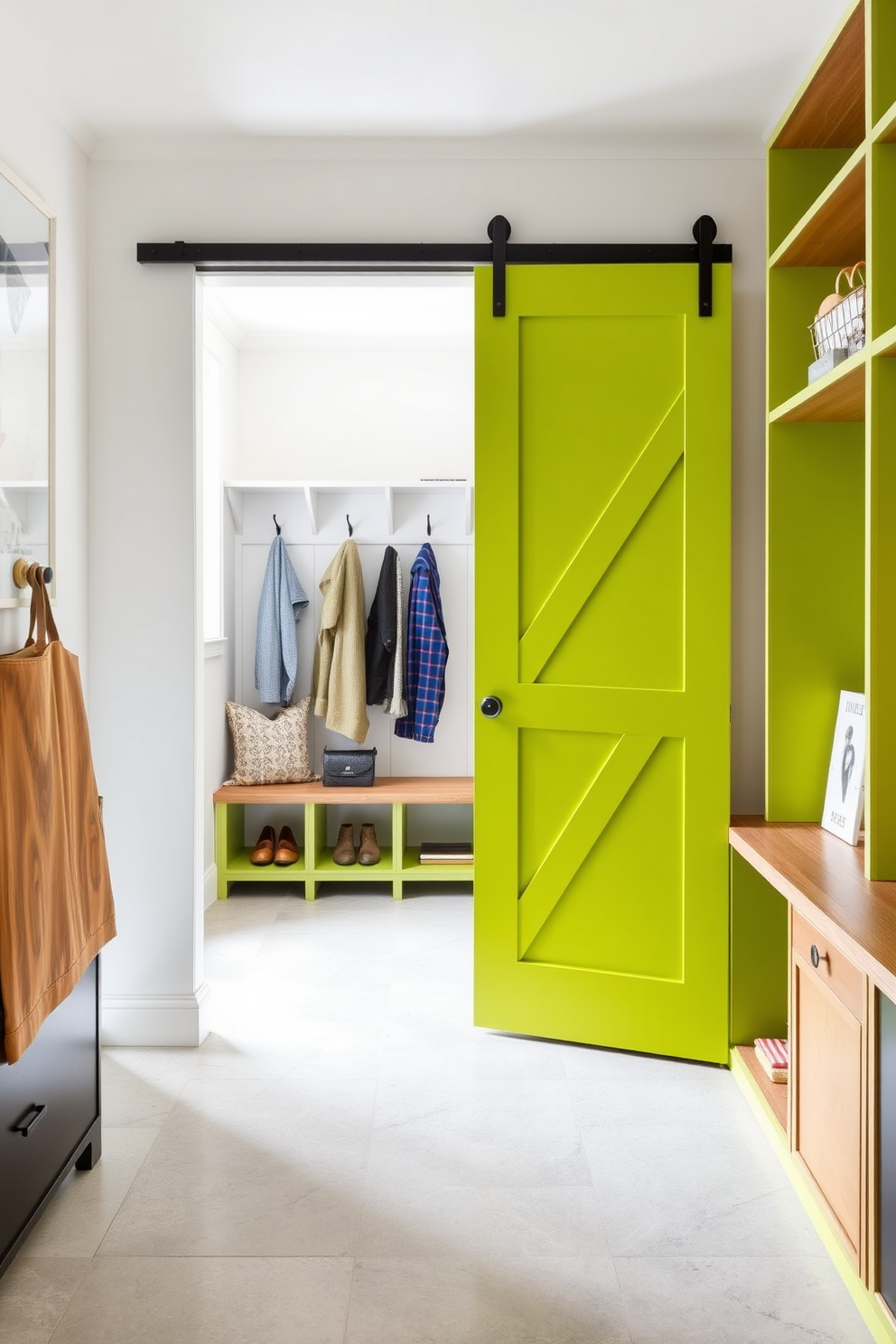 A vibrant lime green sliding barn door serves as the entrance to the mudroom, creating a cheerful and inviting atmosphere. Inside, the mudroom features a combination of built-in storage benches and hooks for coats, with bright white walls that enhance the lively color of the door. The flooring is a durable, textured tile in a neutral tone, providing a practical yet stylish foundation. Accents of natural wood are incorporated in the shelving and seating, adding warmth to the modern design.