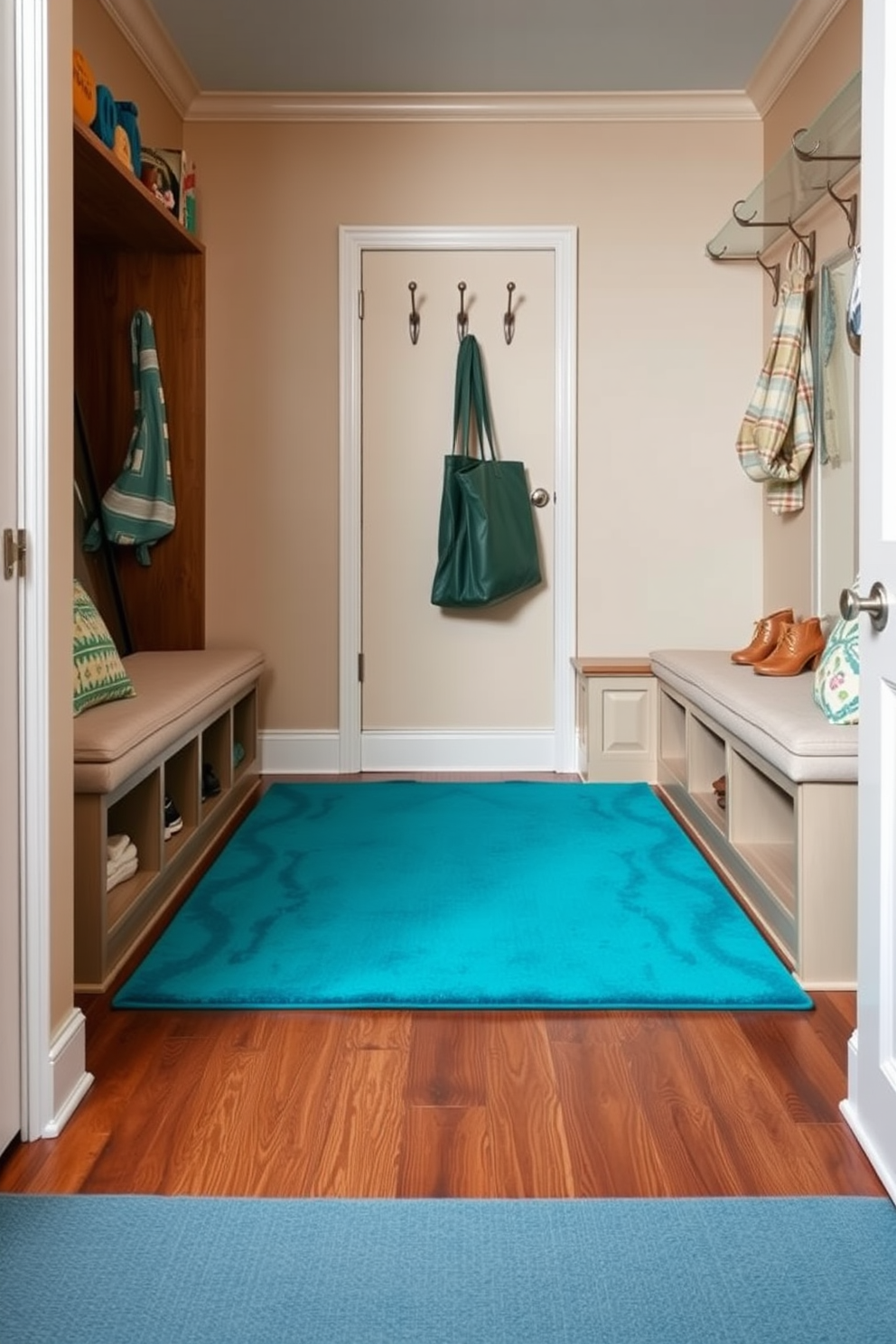 A vibrant teal area rug sits at the center of a cozy mudroom, adding a lively pop of color to the space. Surrounding the rug, built-in storage benches with soft cushions provide ample seating and organization for shoes and outdoor gear. The walls are painted a soft beige, creating a warm backdrop for the mudroom's design. Accent hooks in a brushed nickel finish are mounted for easy access to coats and bags, enhancing both functionality and style.