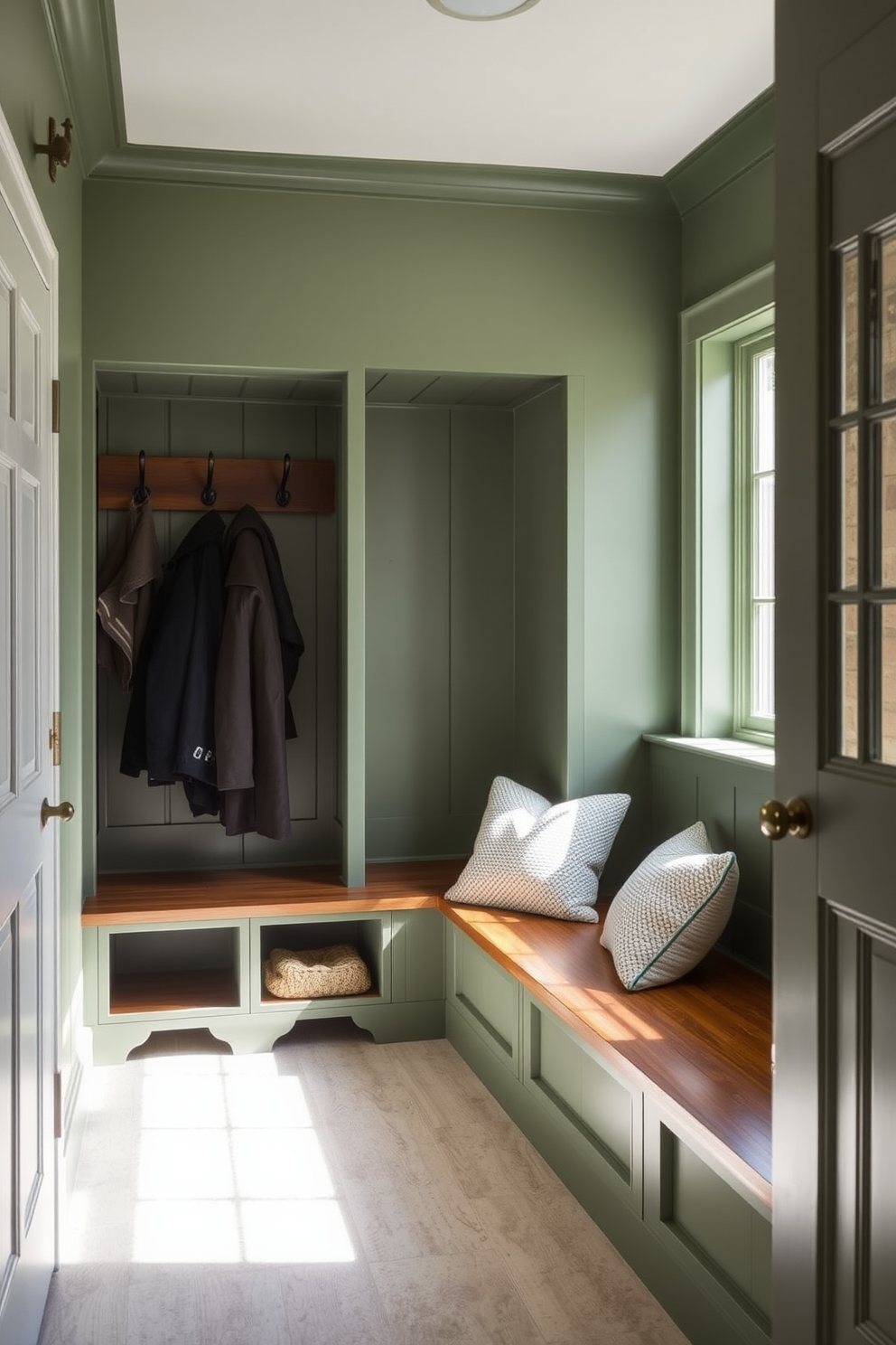 A serene mudroom designed with moss green paint creates a calming atmosphere. The space features built-in wooden benches with plush cushions and hooks for coats, complemented by natural light streaming through a large window.