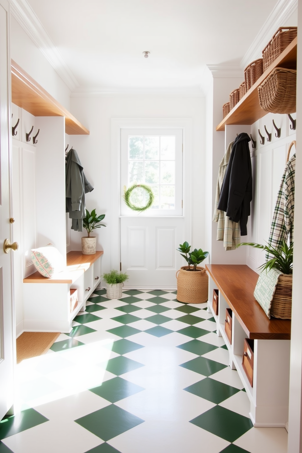 A bright and inviting mudroom features a green and white checkerboard floor that adds a playful yet sophisticated touch. The walls are painted a soft white, complemented by built-in wooden benches and hooks for coats, creating a functional and stylish space. Natural light floods in through a large window, illuminating the room and highlighting the vibrant floor pattern. Potted plants and decorative baskets are strategically placed to enhance the overall aesthetic while providing additional storage.