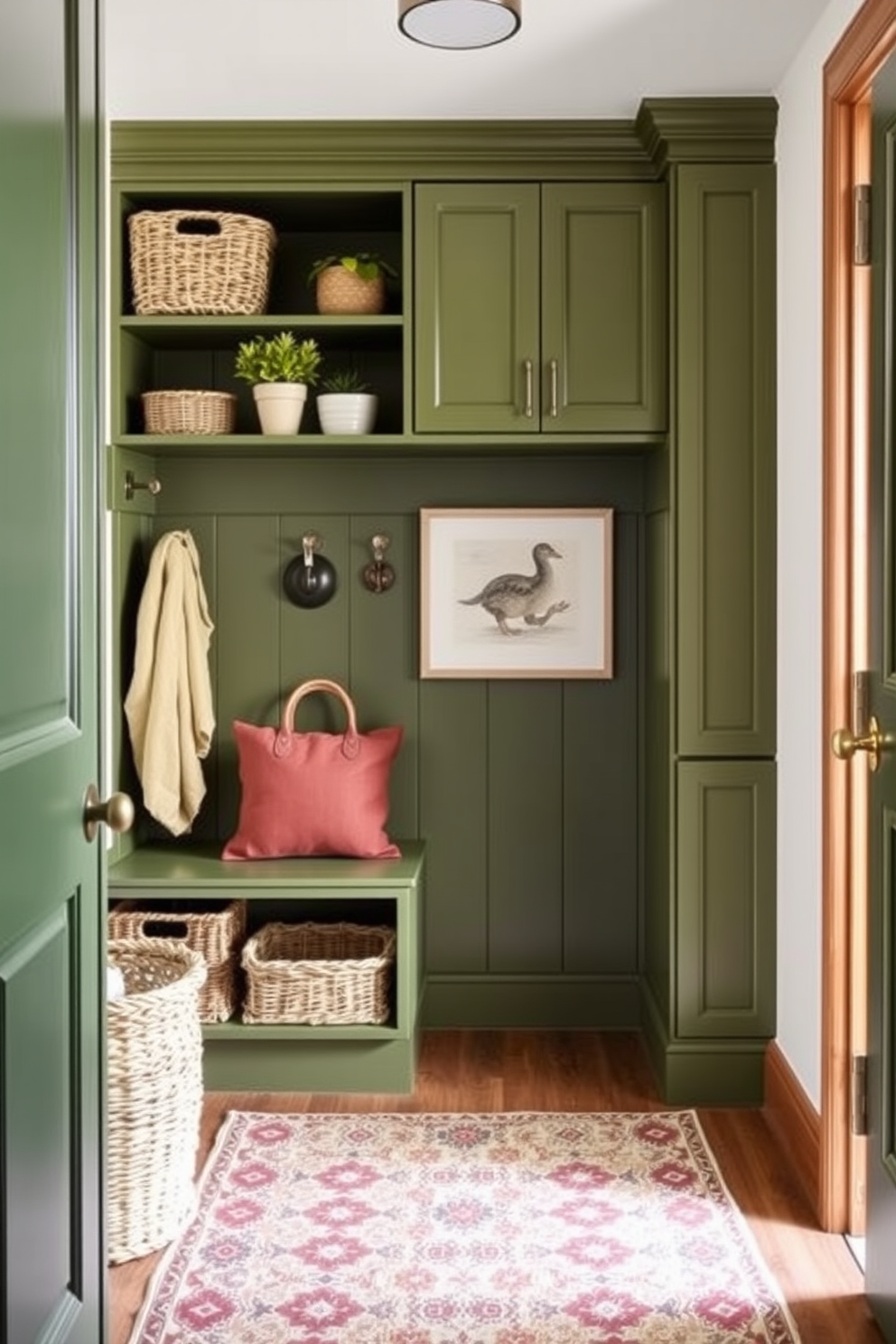 A welcoming mudroom featuring avocado green cabinetry with open shelving that showcases decorative baskets and potted plants. The space is accented with natural wood elements and a patterned rug that adds warmth and texture.