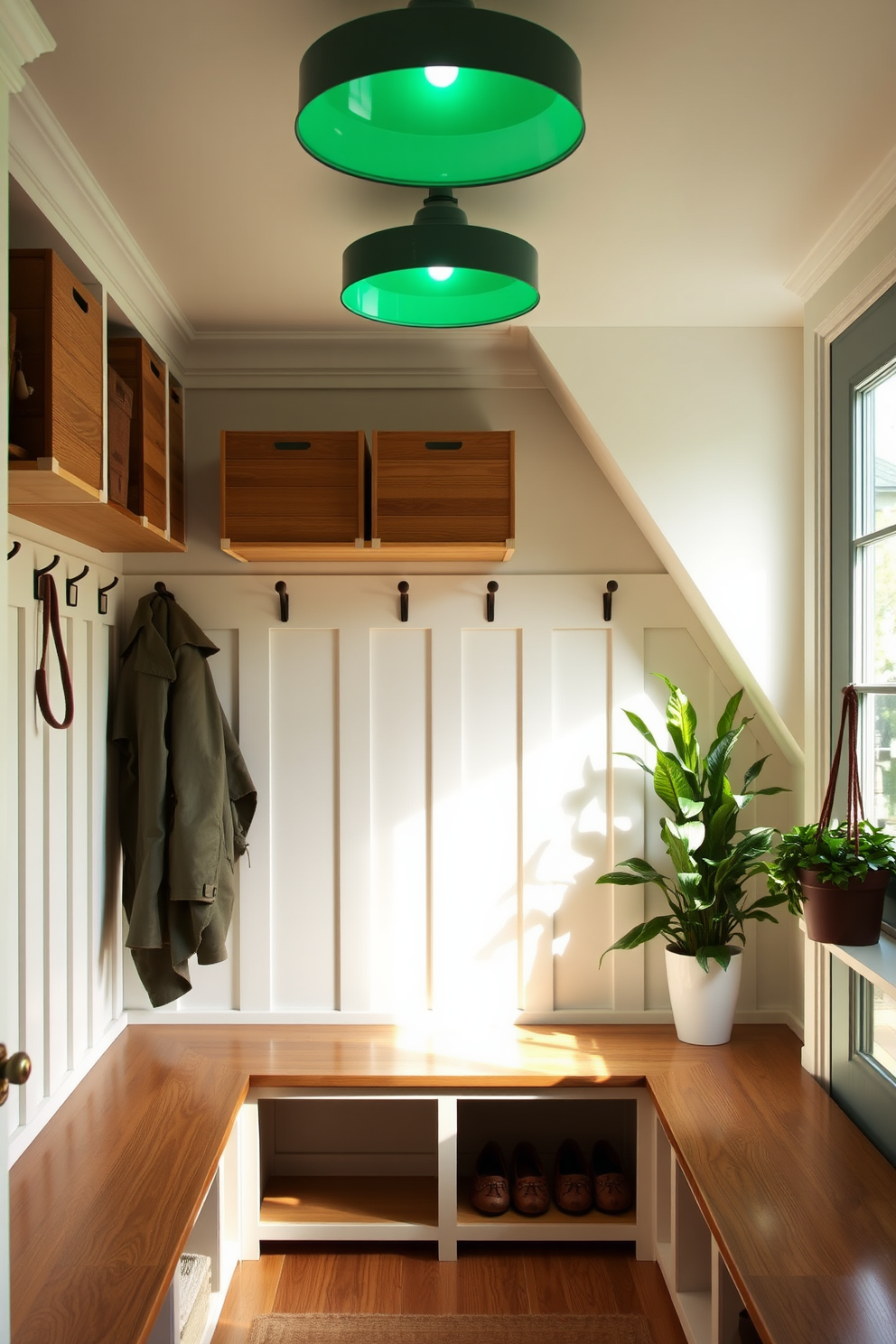 A welcoming mudroom features soft green lighting fixtures that create a warm and inviting ambiance. The space includes built-in wooden benches with storage underneath and hooks for coats, all accented by natural elements like potted plants.