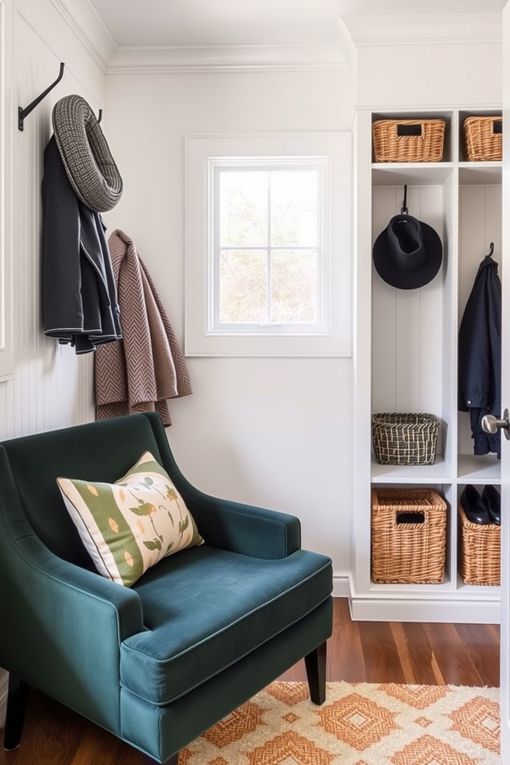 A cozy mudroom featuring a dark green accent chair that invites relaxation. The space includes built-in storage solutions with hooks for coats and baskets for shoes, all designed to enhance functionality and style.