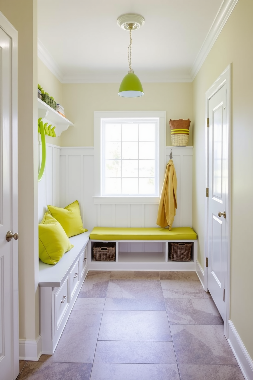 A bright and inviting mudroom featuring chartreuse accessories that add a pop of color. The walls are painted in a soft neutral tone, while the flooring consists of durable tile for easy maintenance. Incorporate a built-in bench with storage underneath, accented by chartreuse cushions for comfort. Shelves above the bench hold baskets and decorative items, enhancing the cheerful atmosphere of the space.