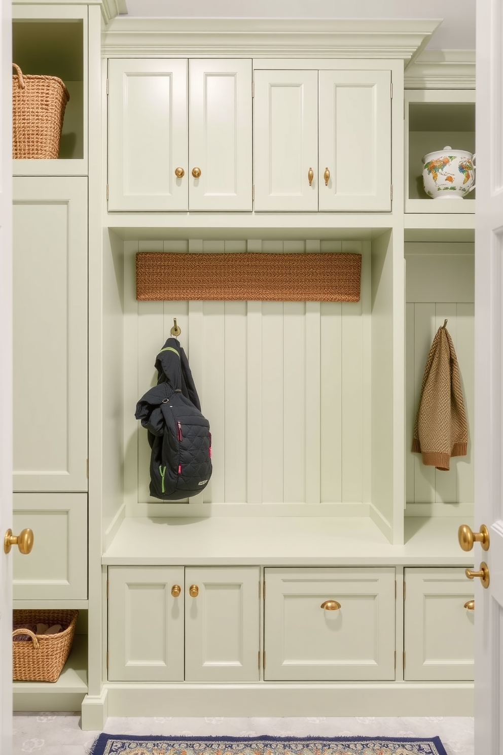 Light green cabinetry with brass hardware creates a fresh and inviting atmosphere. The mudroom features ample storage solutions with built-in benches and hooks for convenience.