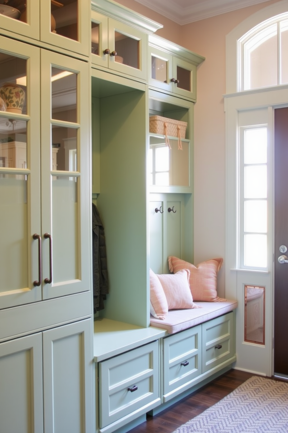 Pistachio green cabinets with glass doors create a fresh and inviting atmosphere in the mudroom. The space features a built-in bench with plush cushions and hooks for coats, complemented by natural light streaming in through a nearby window.