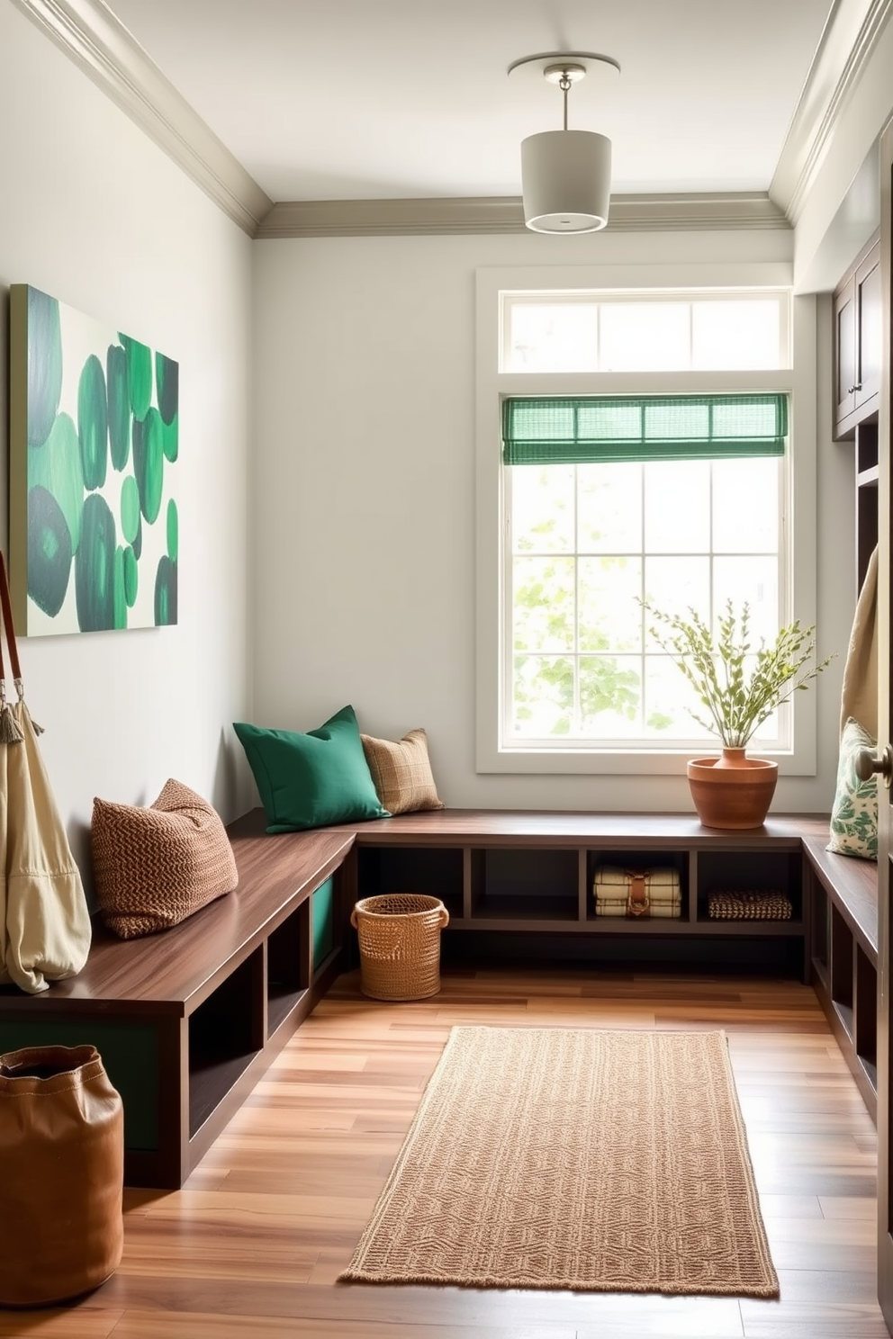 Emerald green wall art brings a vibrant touch to any space. The artwork features abstract shapes and textures, creating a focal point that energizes the room. The mudroom is designed with functional storage solutions, including built-in benches and cubbies. Natural light floods in through a large window, illuminating the earthy tones of the decor and accessories.