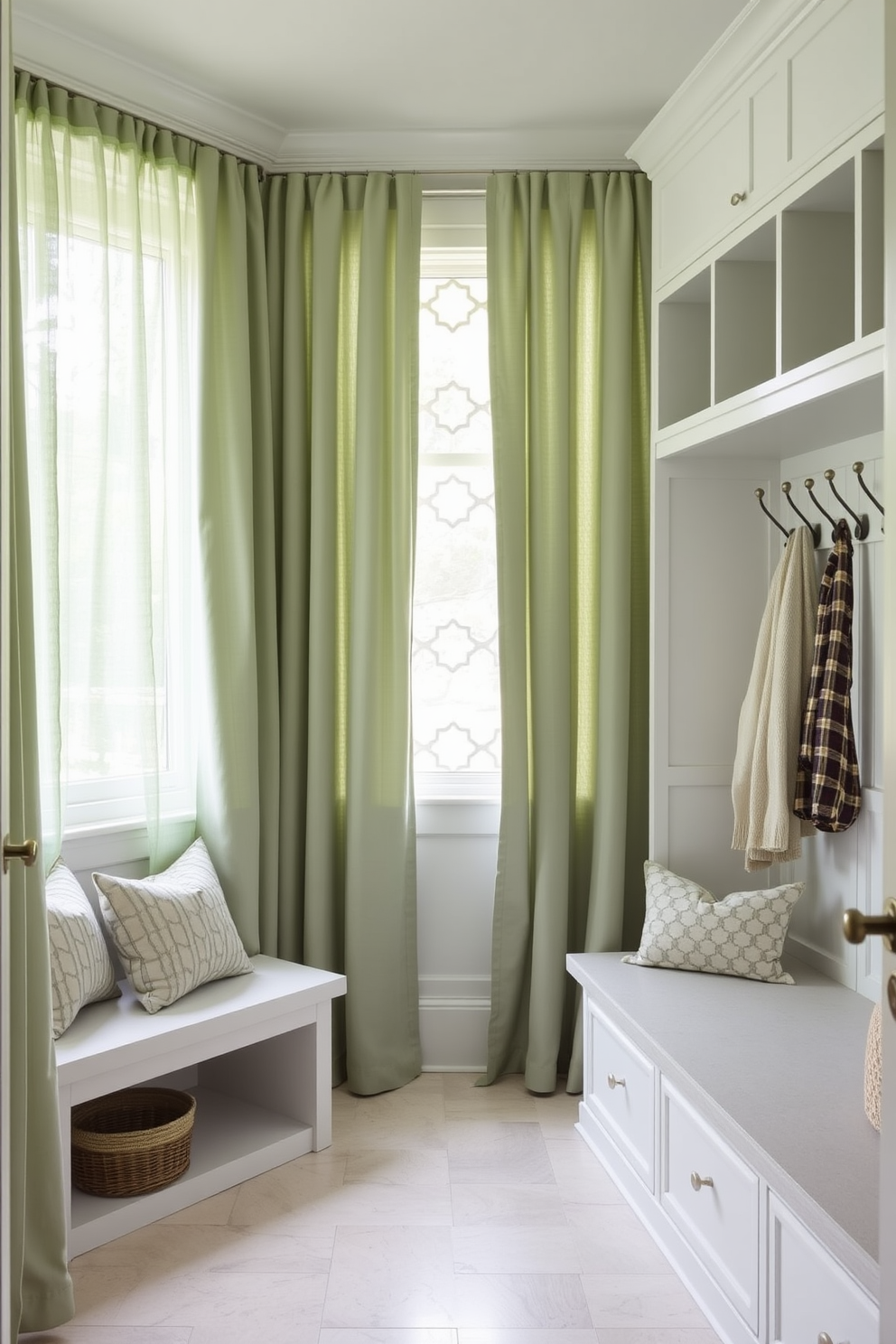 A serene mudroom design featuring muted green curtains that provide both privacy and a touch of elegance. The space includes built-in storage benches with soft cushions and hooks for coats, creating a welcoming and organized entryway.