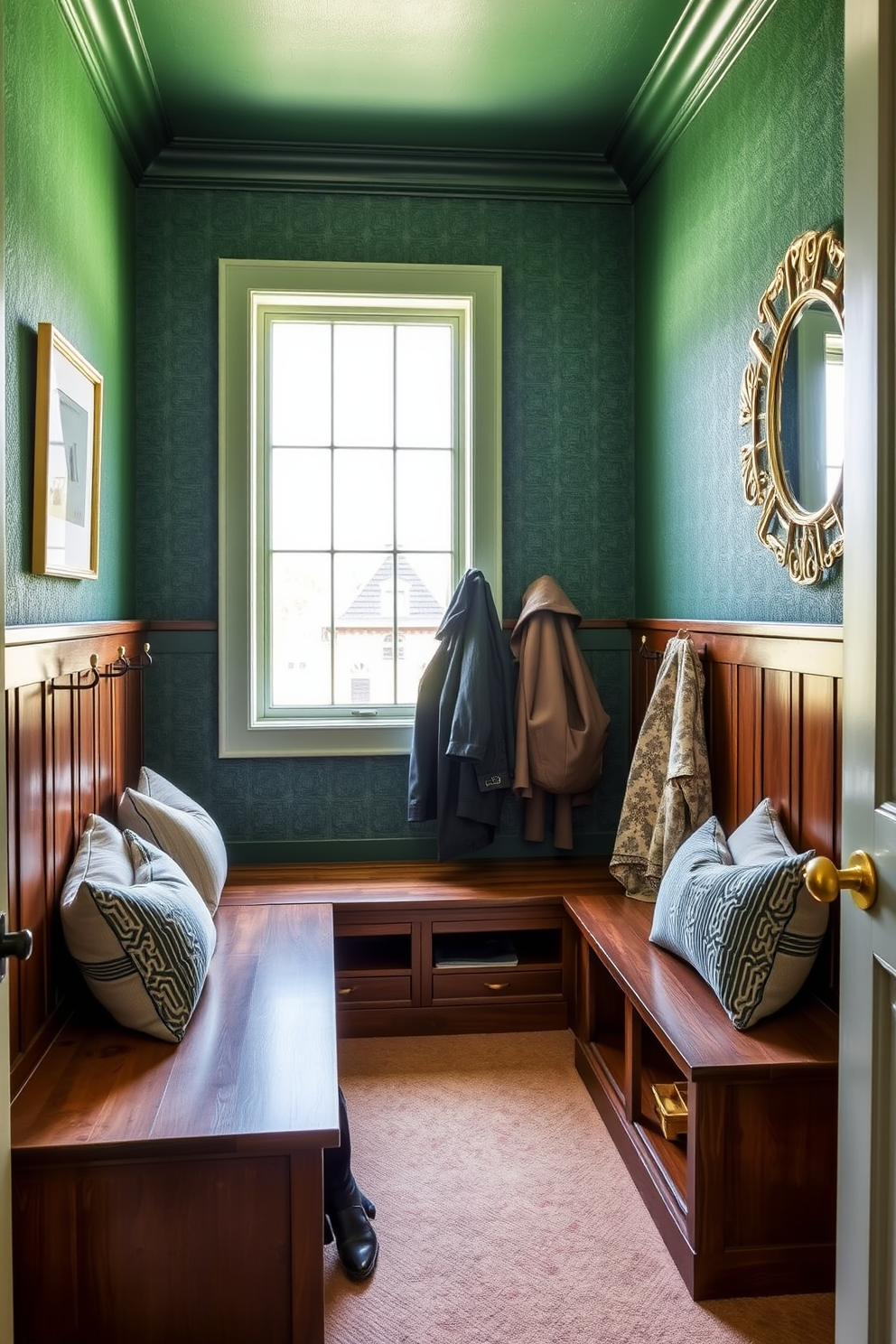 A stylish mudroom featuring a rich green color palette with gold decor accents. The space includes built-in wooden benches with plush cushions and hooks for coats, creating an inviting atmosphere. Natural light floods in through a large window, illuminating the textured green walls. Decorative gold accents, such as framed artwork and a chic mirror, add a touch of elegance to the functional design.