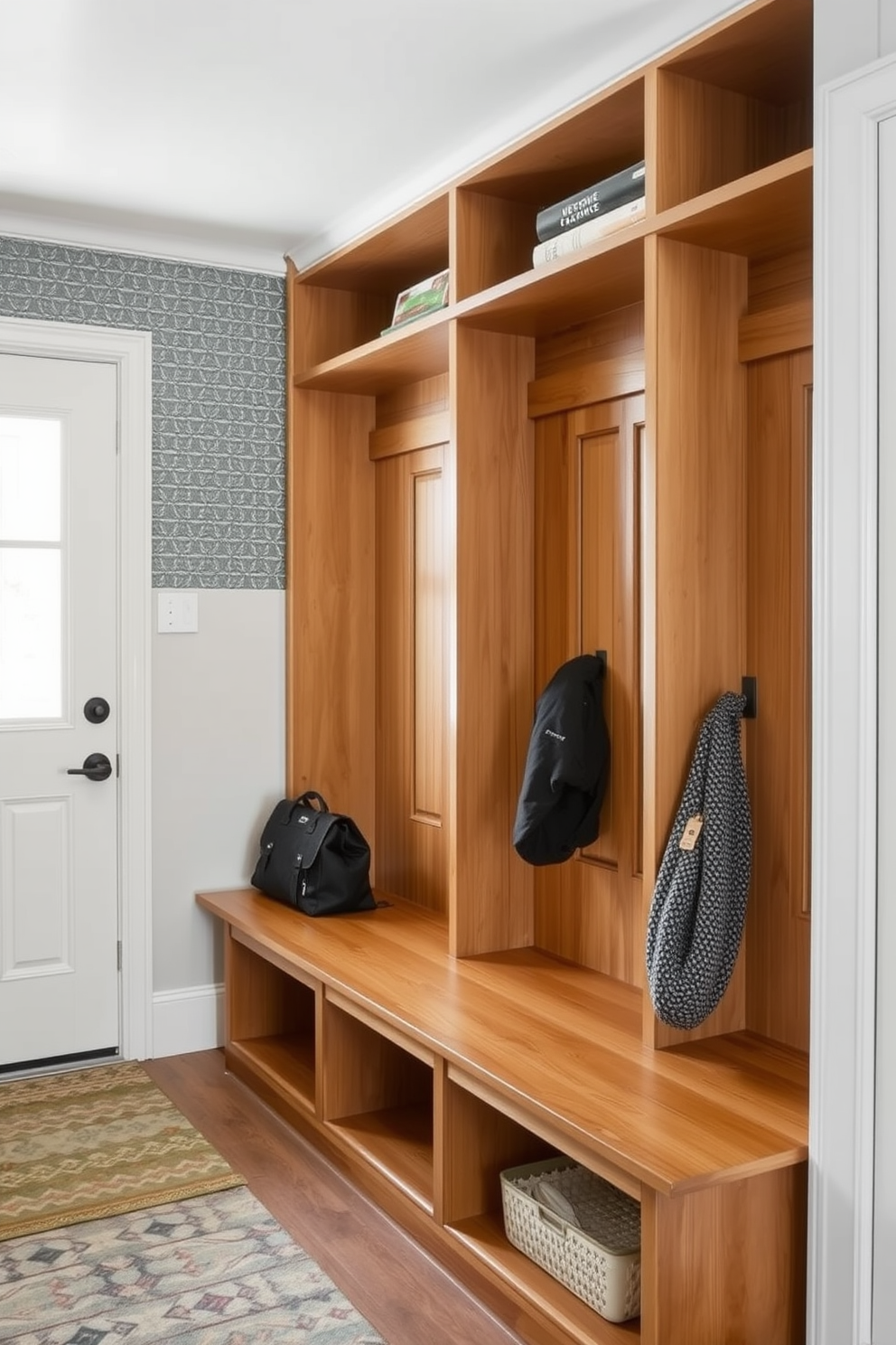 A functional mudroom featuring a dark green tile backsplash that adds a touch of visual interest. The space includes built-in wooden benches with storage underneath and hooks for coats, creating an organized and welcoming entryway.