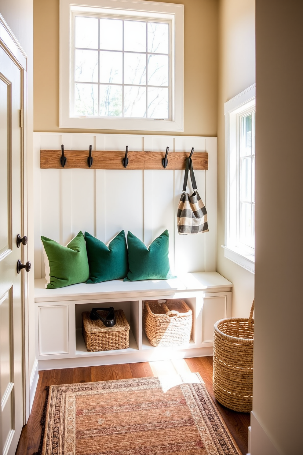 A cozy mudroom design featuring forest green throw pillows on a built-in bench. The walls are painted in a soft beige tone, and natural light floods in through a large window, creating a welcoming atmosphere. The space includes rustic wooden hooks for hanging coats and bags, paired with a stylish woven basket for storage. A patterned rug in earthy tones adds warmth underfoot, completing the inviting look of the mudroom.