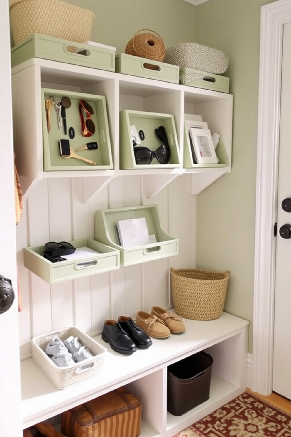 Light green decorative trays for organization. The trays are arranged on a white wooden shelf, showcasing neatly organized items such as keys, sunglasses, and mail. Green mudroom design ideas. The mudroom features a built-in bench with storage cubbies above, painted in a soft sage green, complemented by a patterned area rug in earthy tones.