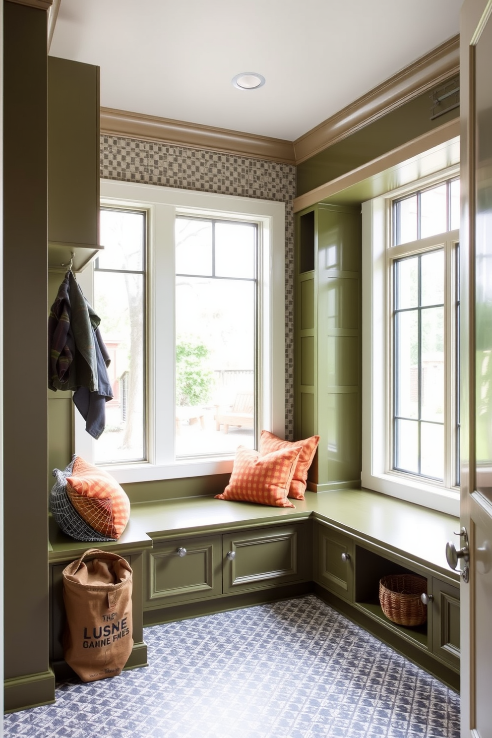 A spacious mudroom features olive green built-in bench seating that invites relaxation and organization. The walls are adorned with patterned tiles, and natural light floods the space through large windows, creating a warm and welcoming atmosphere.