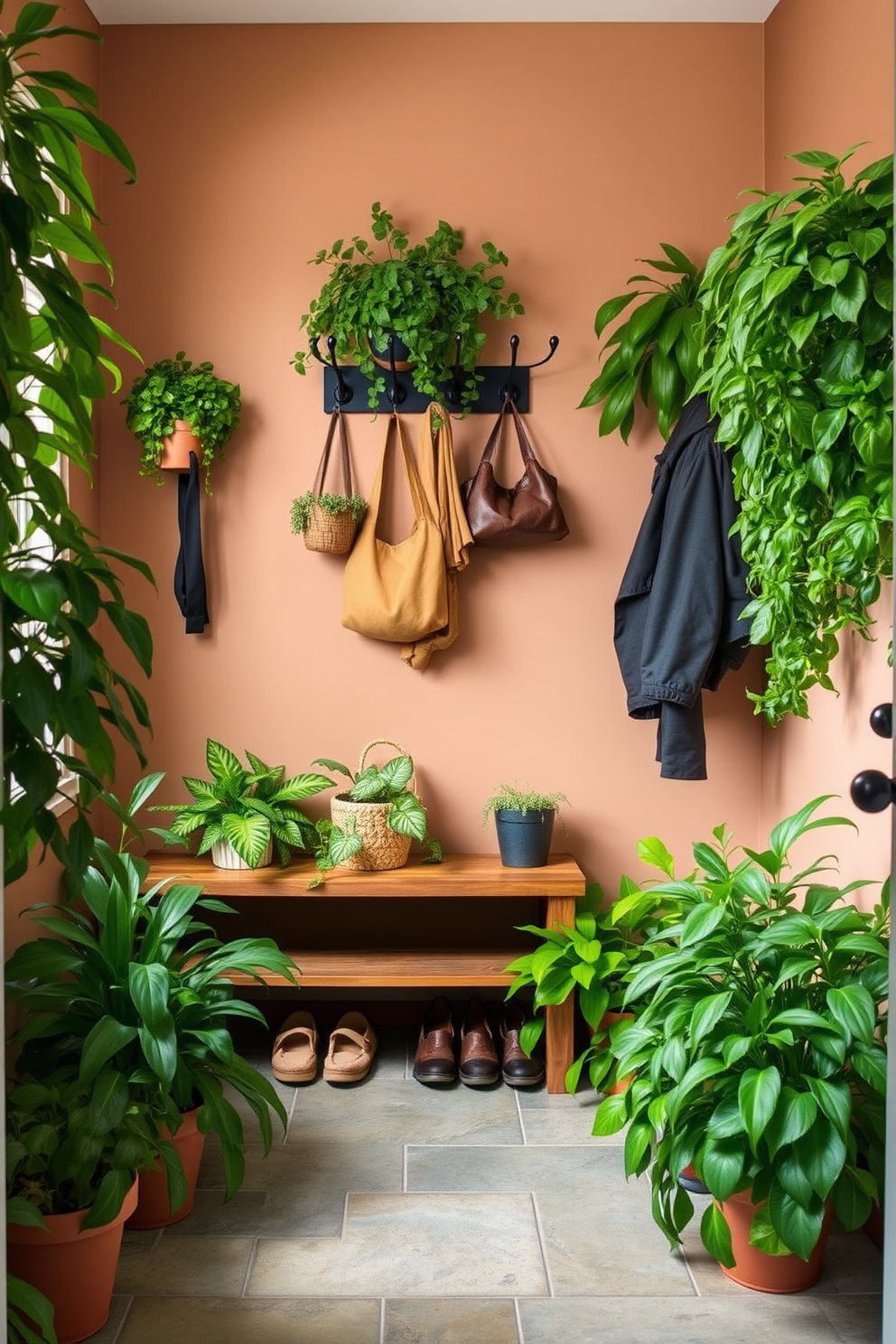 A vibrant mudroom filled with lush green plants creates a fresh and inviting atmosphere. The walls are painted in a soft earth tone, complementing the rich greenery of the potted plants scattered throughout the space. The flooring features durable tiles that mimic natural stone, providing both style and functionality. A wooden bench with storage underneath offers a practical solution for shoes and outdoor gear, while a decorative wall rack holds coats and bags.