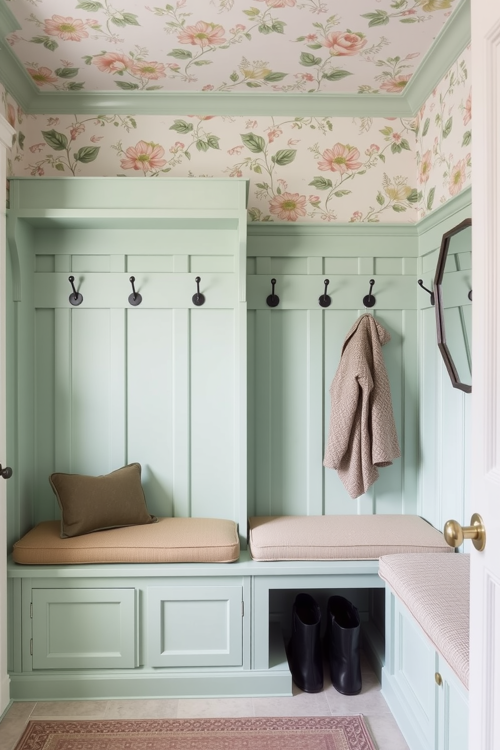 A mint green mudroom features floral patterned wallpaper that adds a touch of elegance. The space includes built-in benches with cushioned seating and hooks for coats, creating a functional yet stylish entryway.