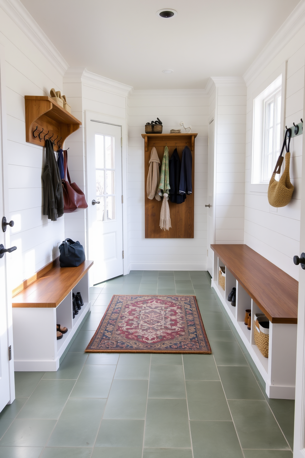 A stylish mudroom featuring sage green tile flooring that combines durability with aesthetic appeal. The walls are adorned with white shiplap, and there are built-in wooden benches with storage underneath for shoes and bags. On one side, there is a large wooden coat rack with hooks for hanging jackets and hats. Natural light floods the space through a window, highlighting a decorative area rug that adds warmth and texture to the room.